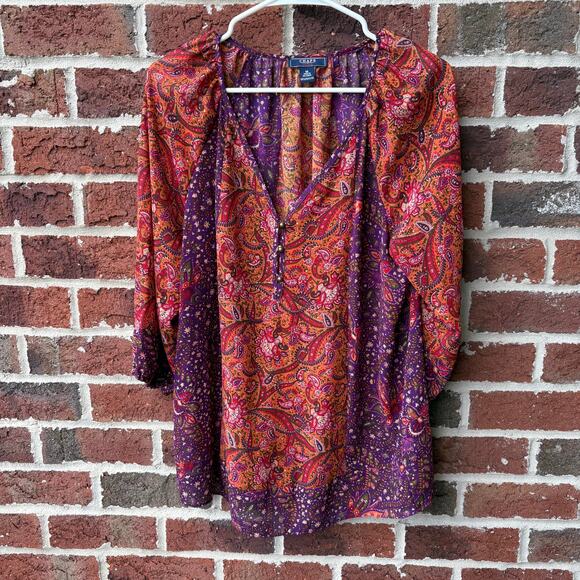 Chaps Boho Paisley Blouse Purple Orange V-Neck Long Sleeve Size Womens M - Picture 1 of 4